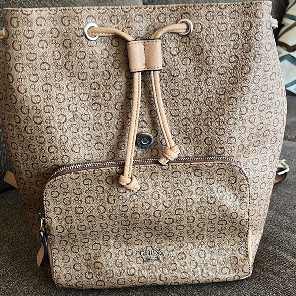 Guess Logo Backpack Tan/Beige/Brown Faux Leather - 12 x 12 x 5 - Picture 9 of 12